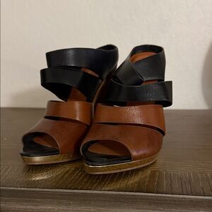 Rebecca Minkoff Black and Brown Wedge Sandals